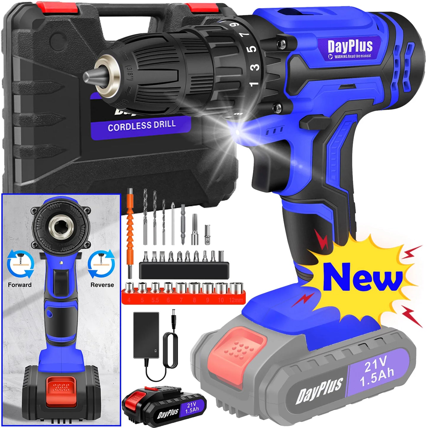 DayPlus 21V Cordless Drill Driver 45Nm 2 Speed Battery Included