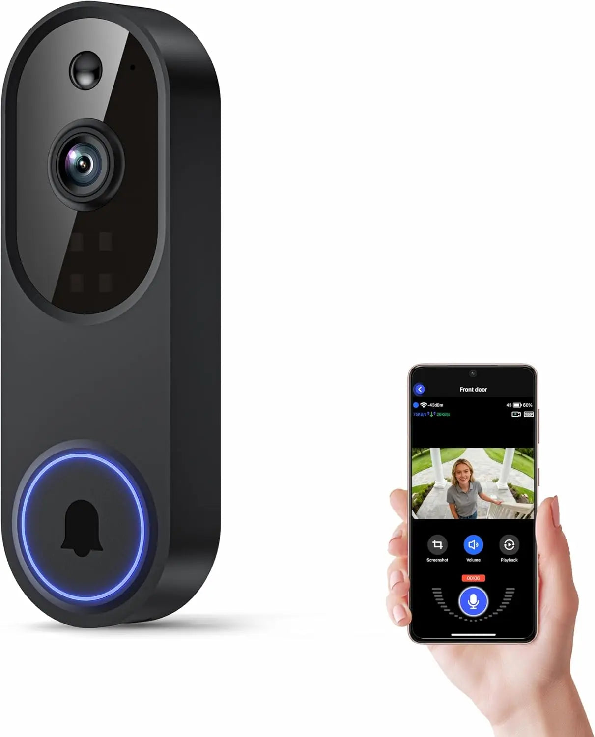 Wireless Wi-Fi Video Doorbell Camera With Two-Way Audio And AI Motion Detection