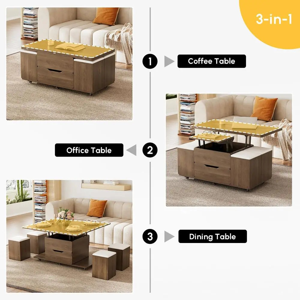 LiftTop Coffee Table With Hidden Storage And Folding Stools
