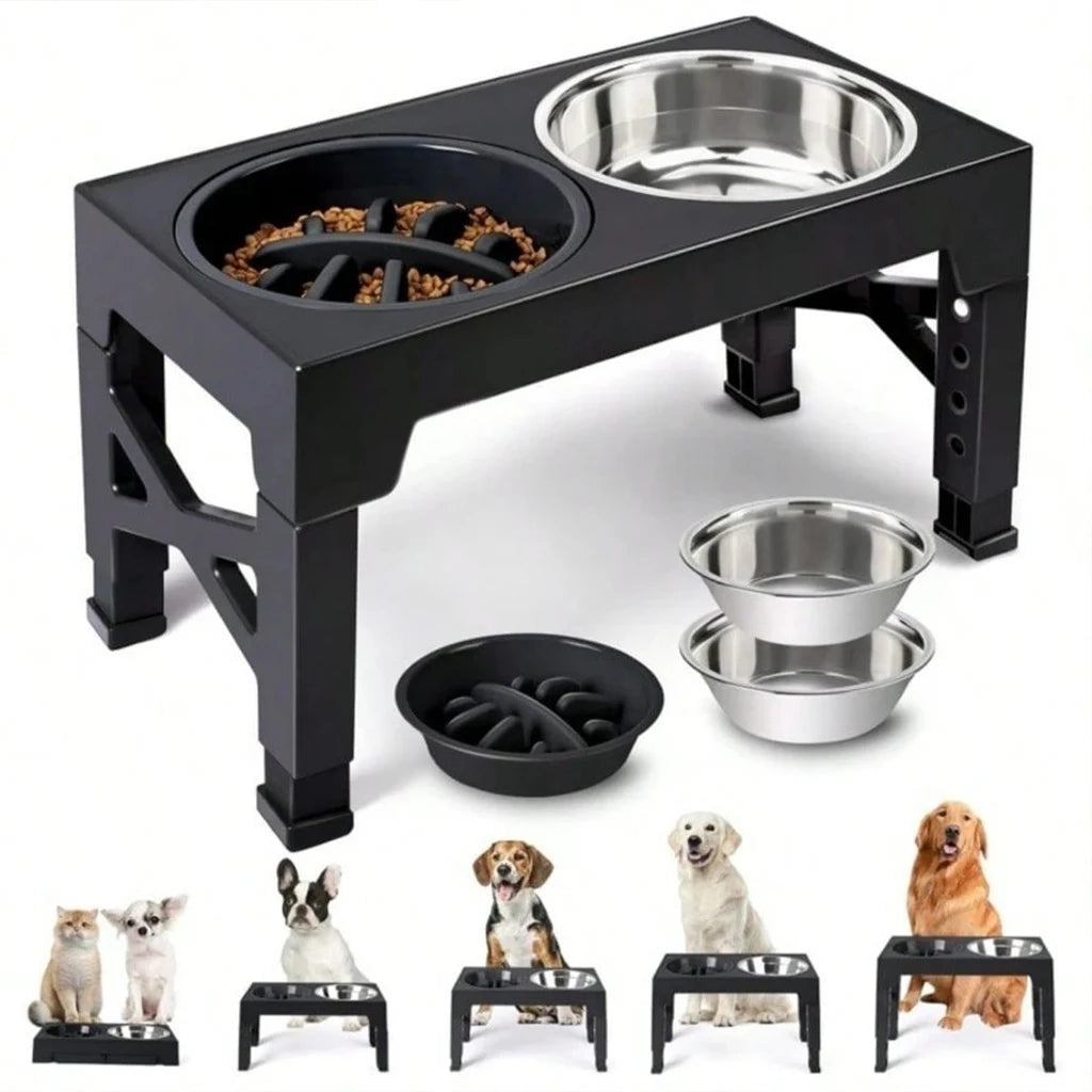 Adjustable Dog Feeder Stand with Slow Feed Bowl and Ball