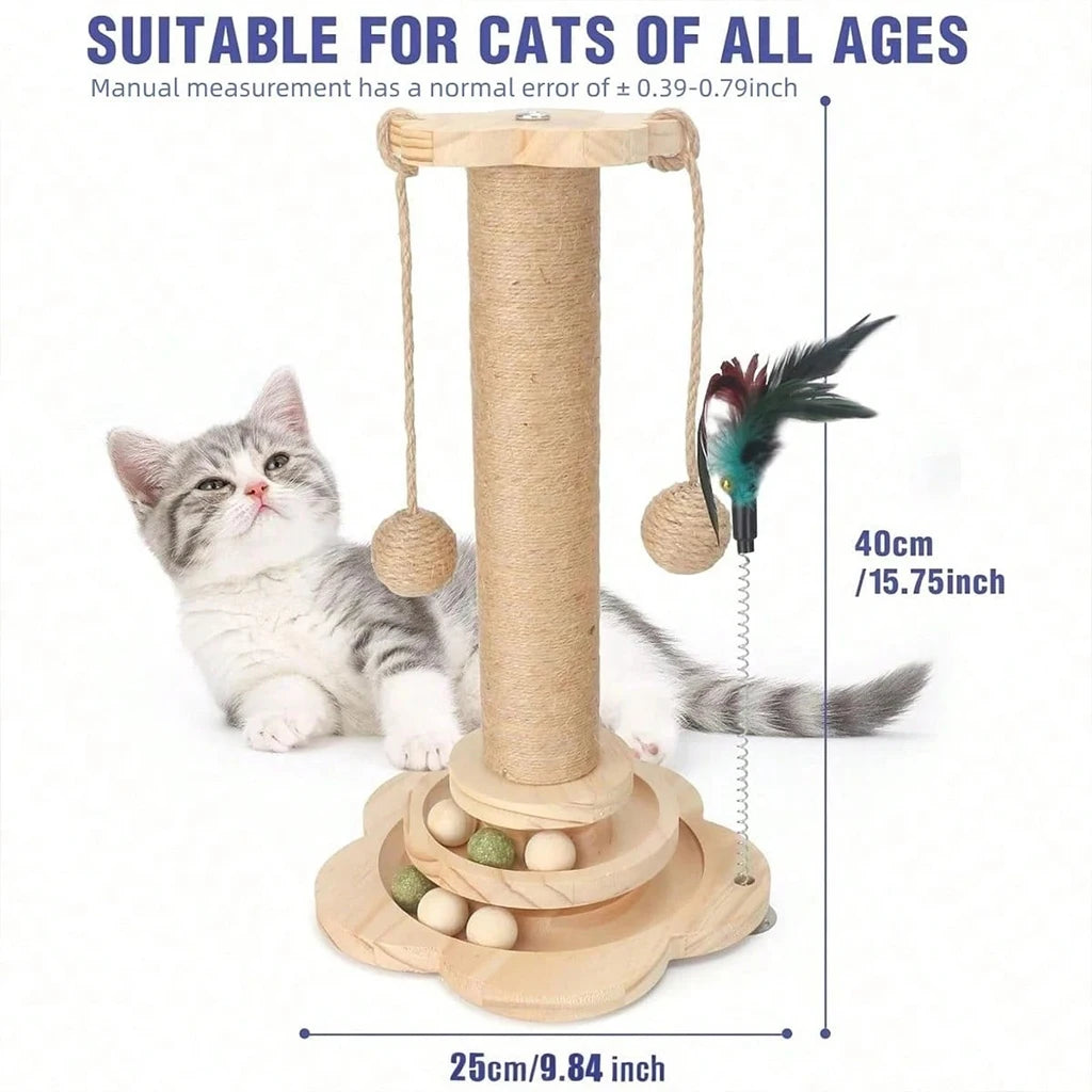 Wooden Cat Scratcher With Ball Track And Feather Toy