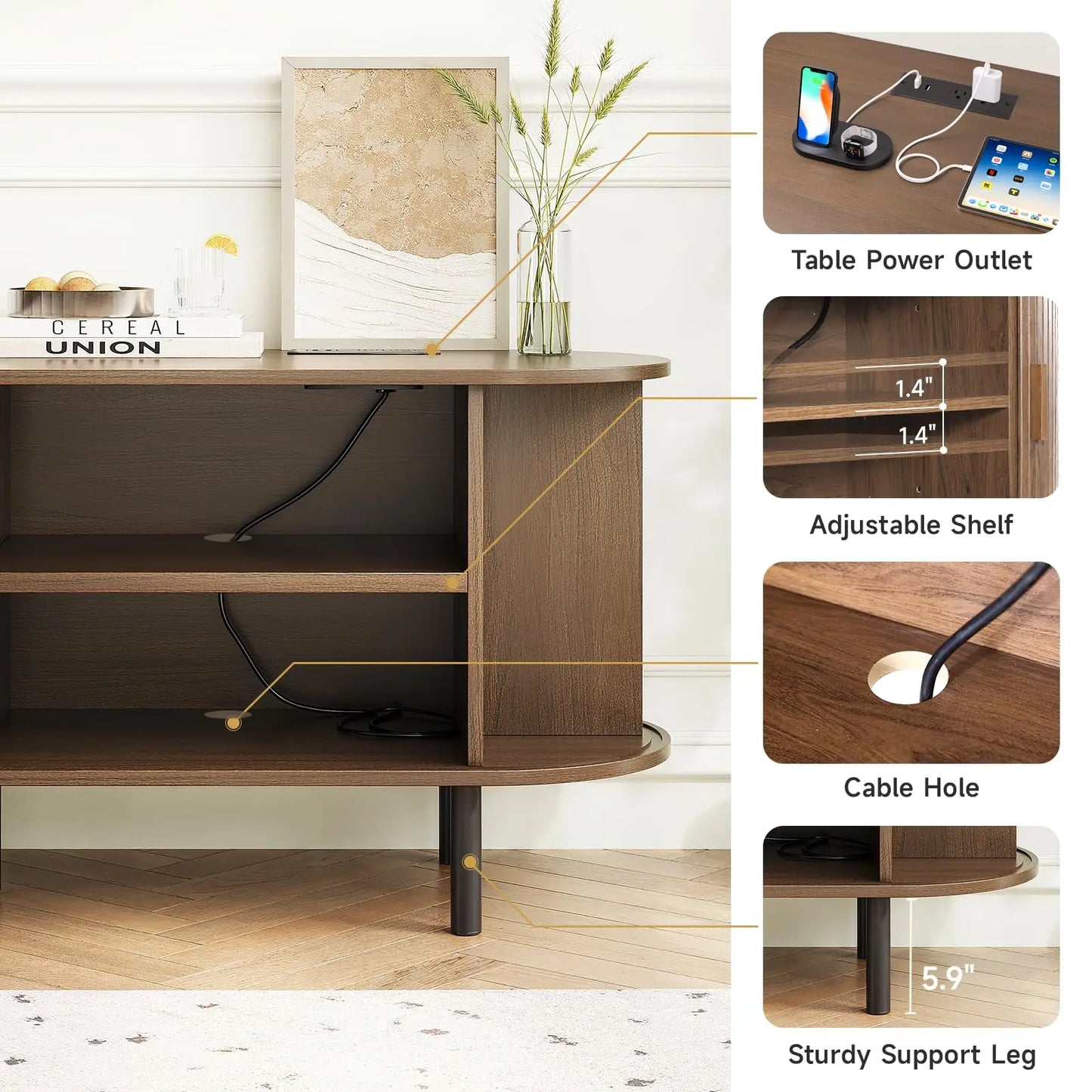 ONBRILL TV Stand with Power Outlet Sliding Doors Adjustable Shelves