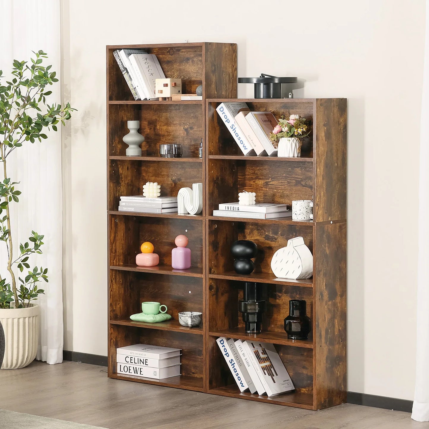 JHK 6 Tier Wood Shelf Bookcase For Living Room Office