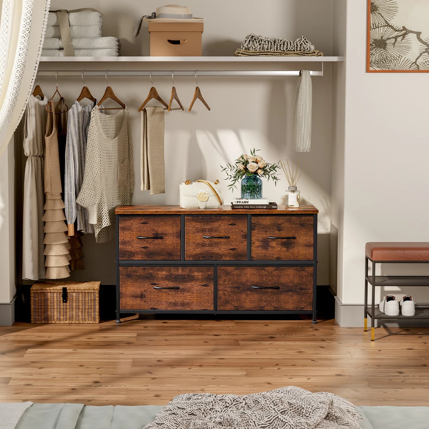 JHK Living Room Display Cabinet With Fabric Drawers