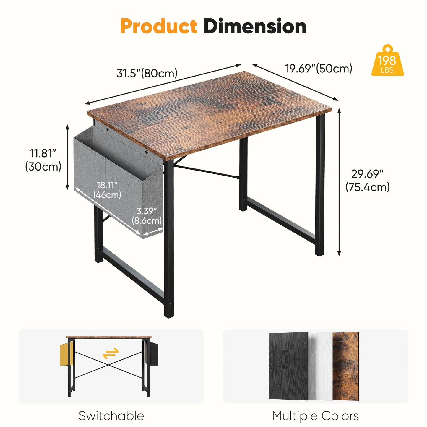 JHK Computer Desk With Wooden Top And Practical Storage Bag