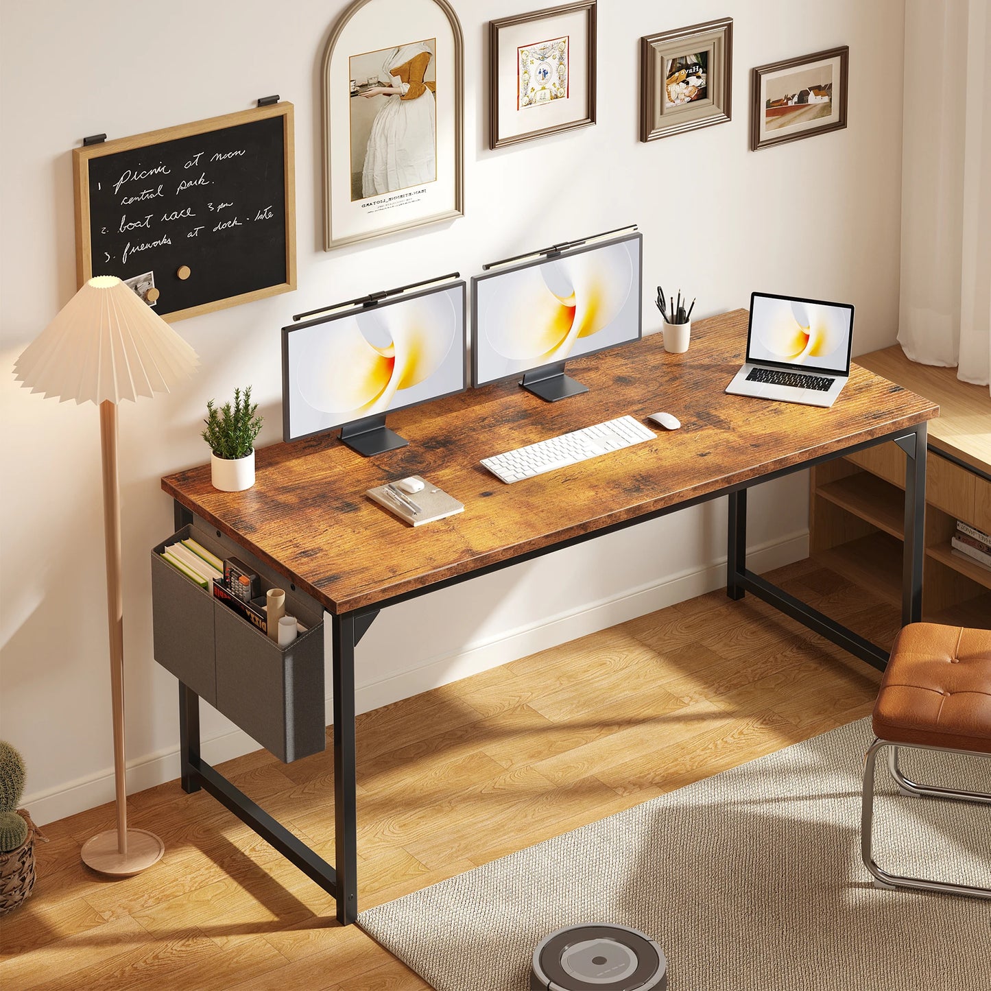 JHK Computer Desk With Wooden Top And Practical Storage Bag