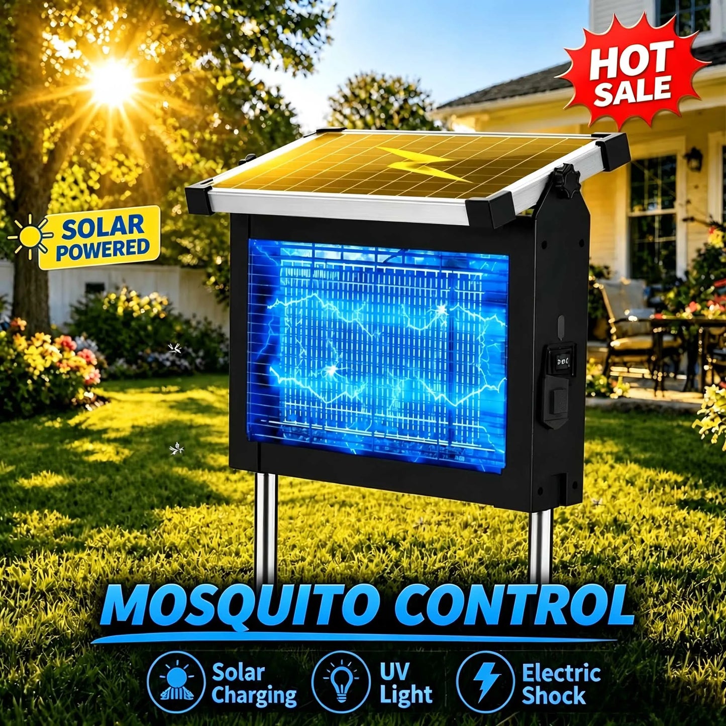 Solar Bug Zapper Outdoor Waterproof 4500V Mosquito Killer With Sensor