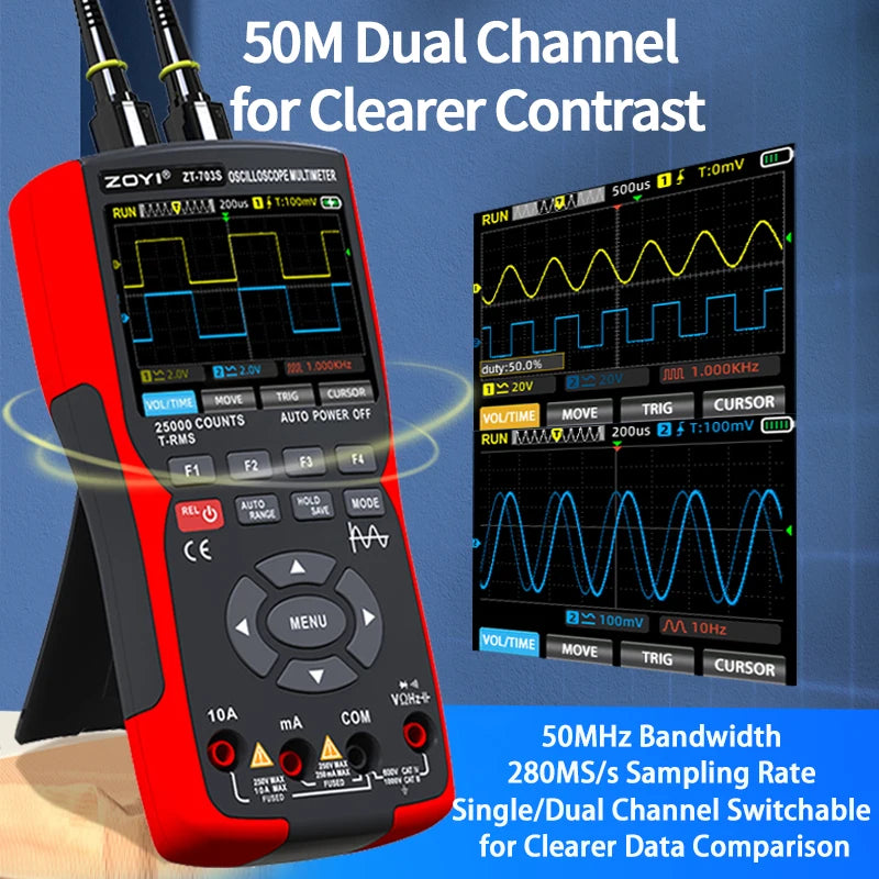 ZOYI ZT-703S 50MHz Handheld 3-in-1 Oscilloscope Multimeter Signal Generator