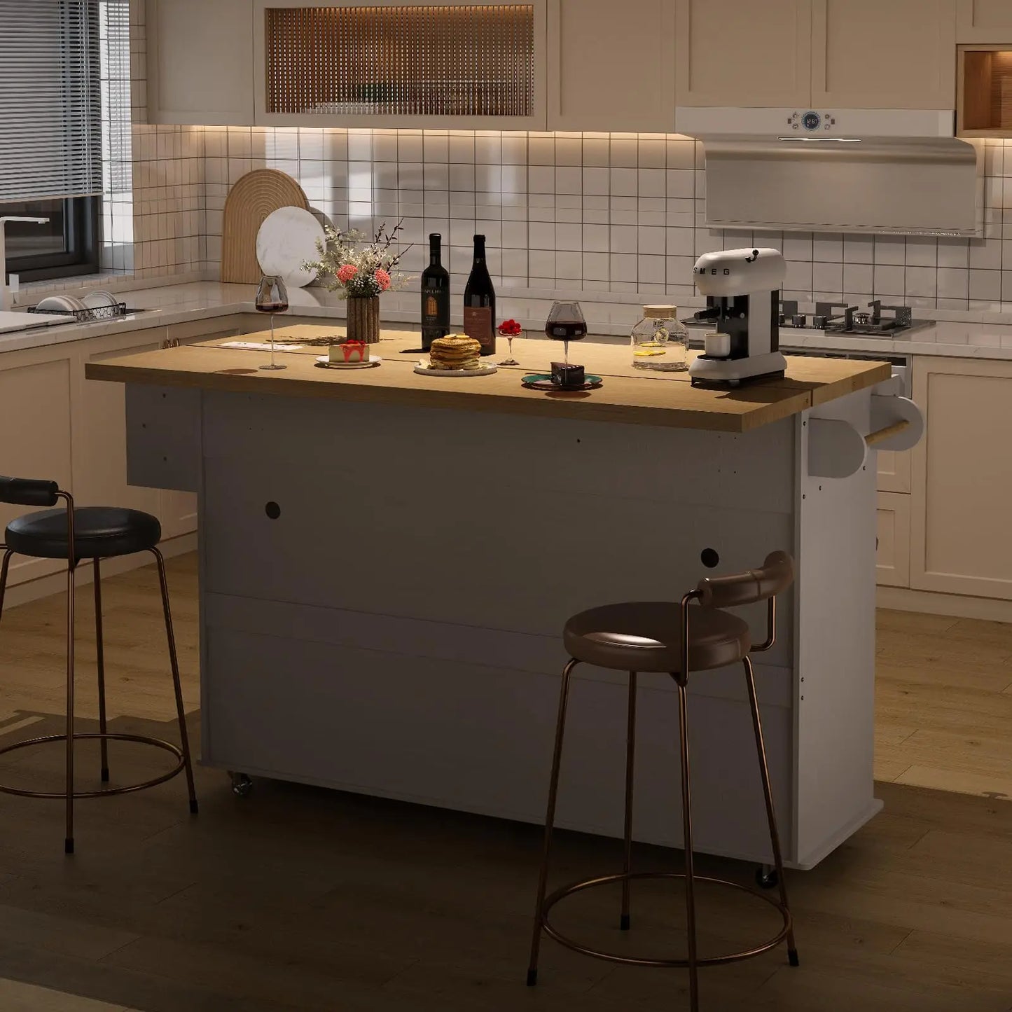 ONBRILL Mobile Kitchen Island with Power Outlet and Towel Rack