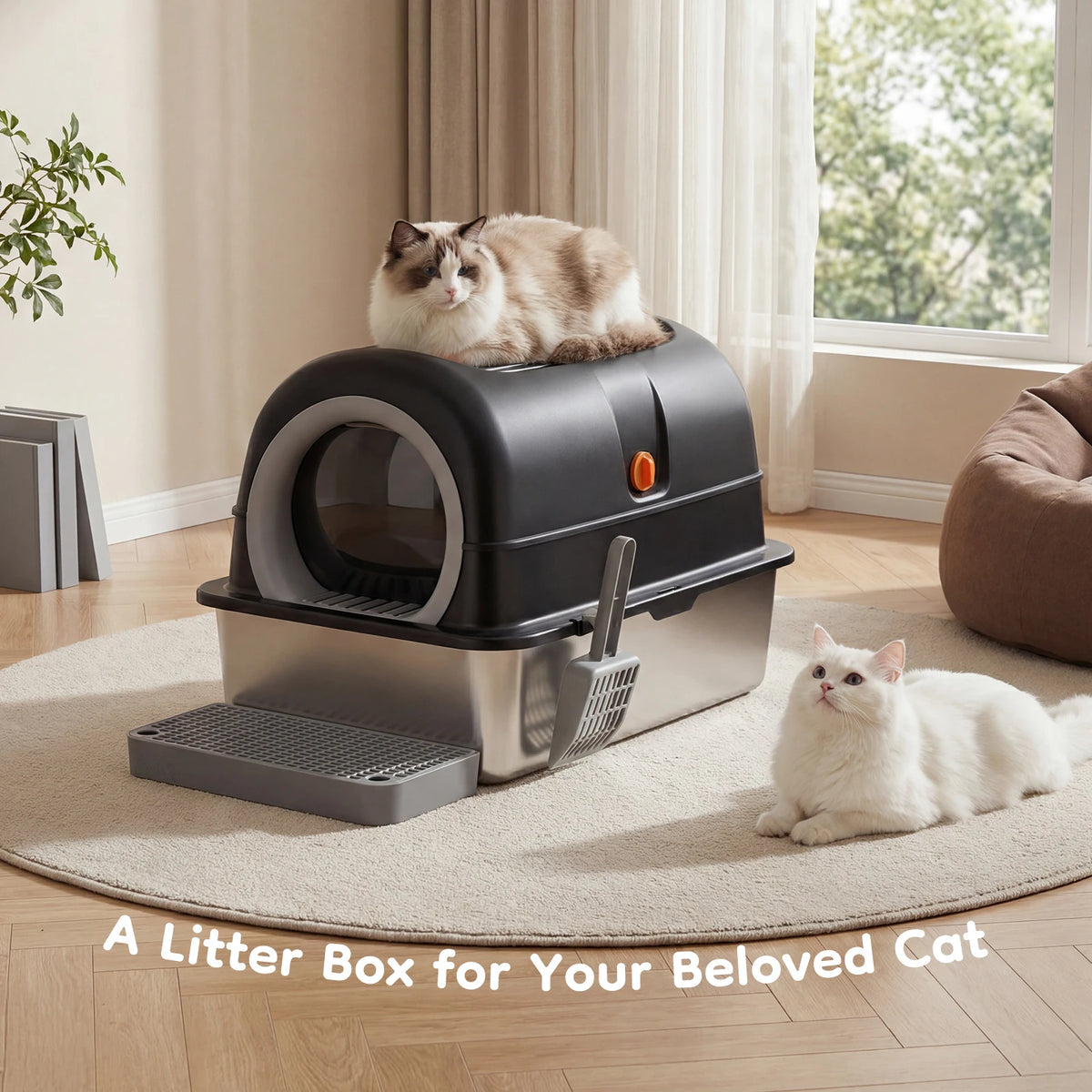 JHK Stainless Steel Enclosed Cat Litter Box With Included Scoop