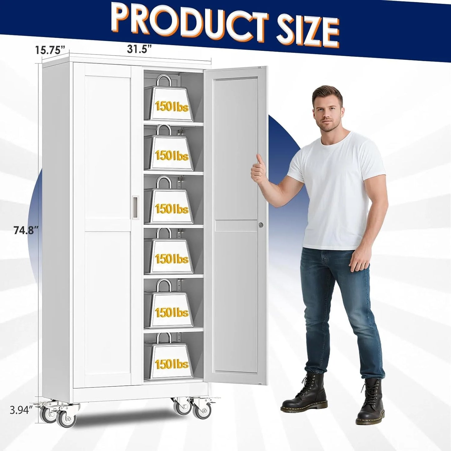 Metal Garage Storage Cabinet With 2 Doors And Wheels 5 Adjustable Shelves
