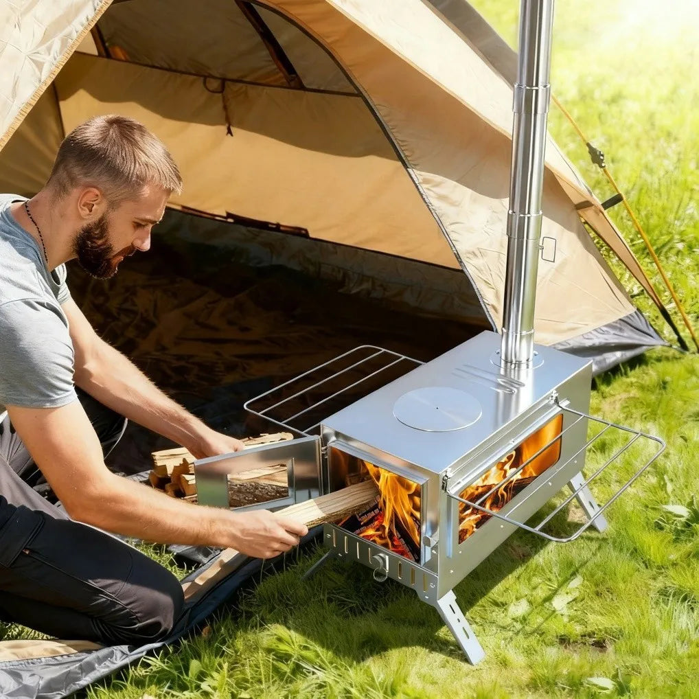 Portable Hot Tent Wood Burning Stove With Chimney Pipe Set
