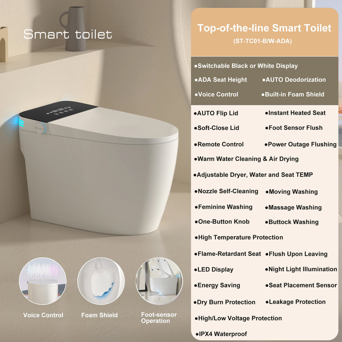 Smart Automatic Open Bidet Toilet Dual Flush Heated Seat Warm Water Self Cleaning