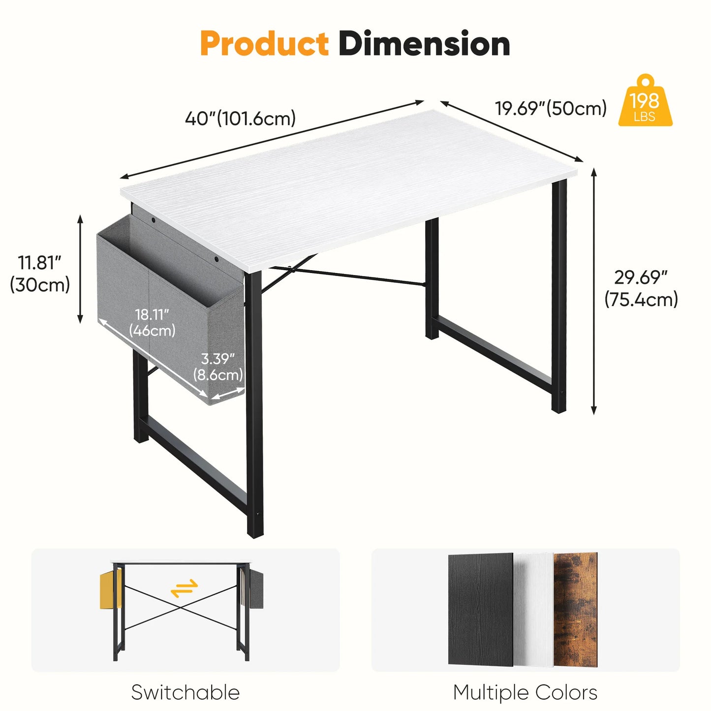 JHK Computer Desk With Wooden Top And Practical Storage Bag