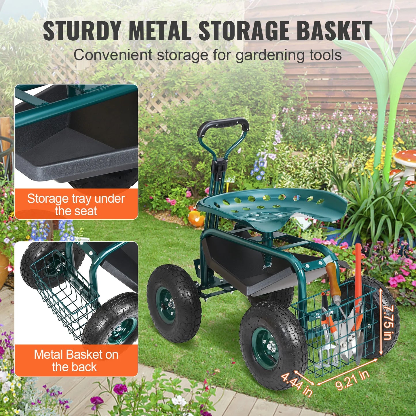 SucceBuy Rolling Garden Cart With 360 Degree Swivel Seat