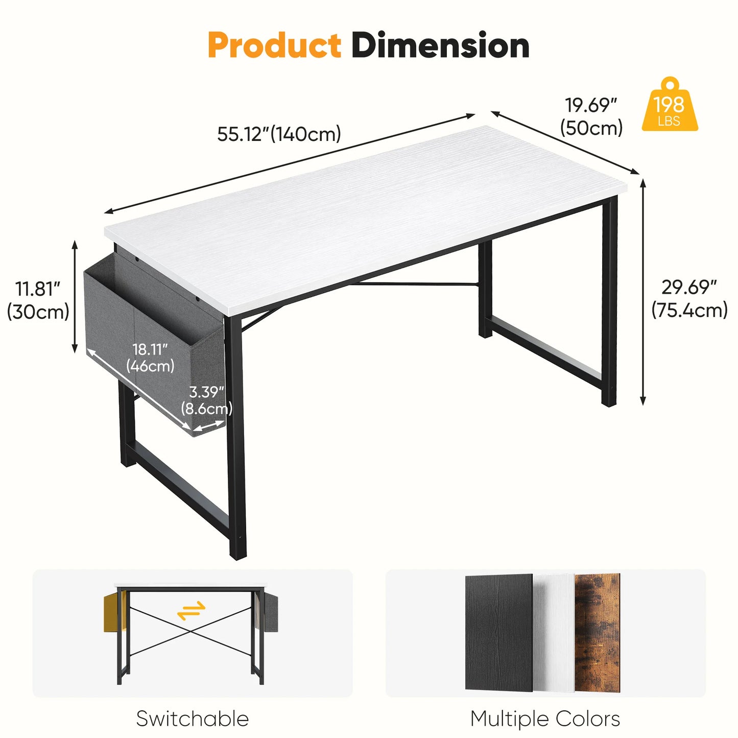 JHK Computer Desk With Wooden Top And Practical Storage Bag