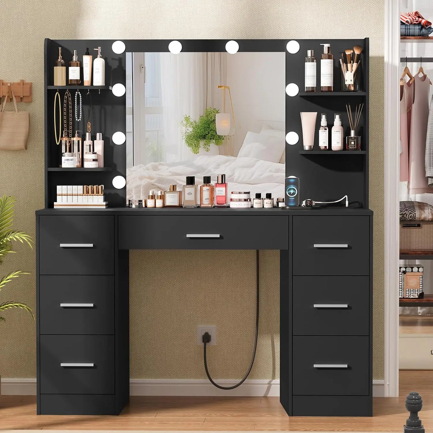 Vanity Desk With LED Mirror And Power Outlet 7 Drawers