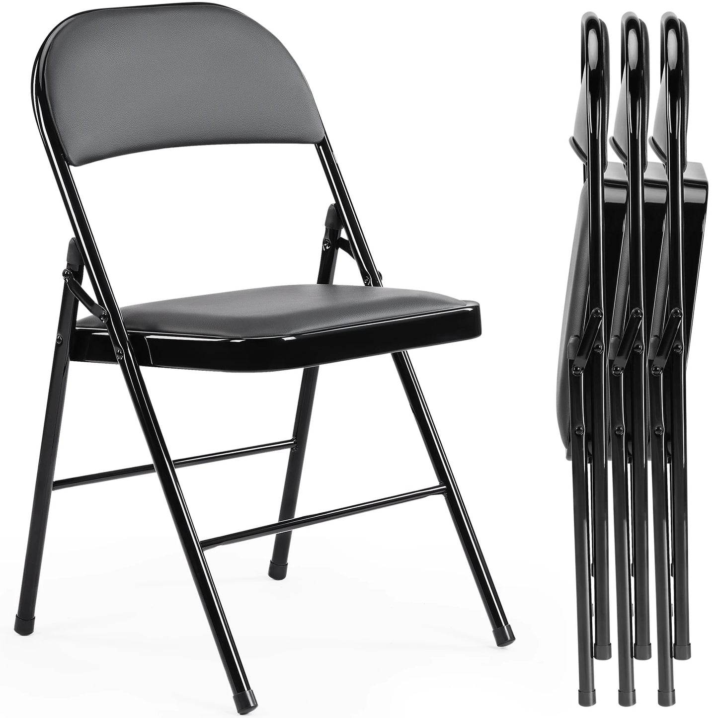 JHK Leather Padded Folding Chair Set, 4 Pack, Sturdy Metal