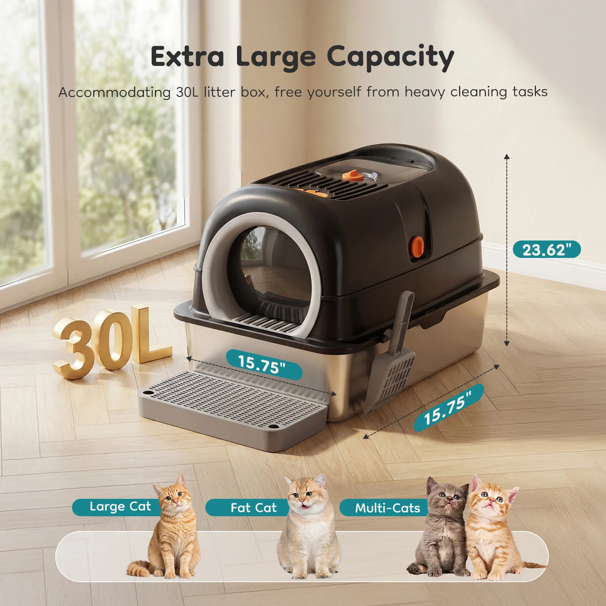 JHK Stainless Steel Enclosed Cat Litter Box With Included Scoop