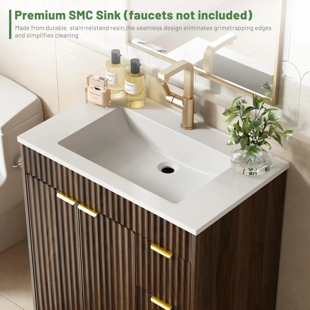 Modern Fluted Walnut Bathroom Vanity With Sink And Storage
