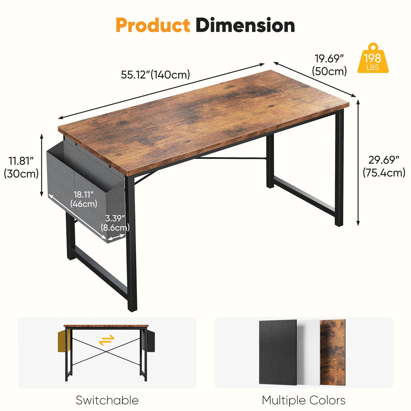 JHK Computer Desk With Wooden Top And Practical Storage Bag