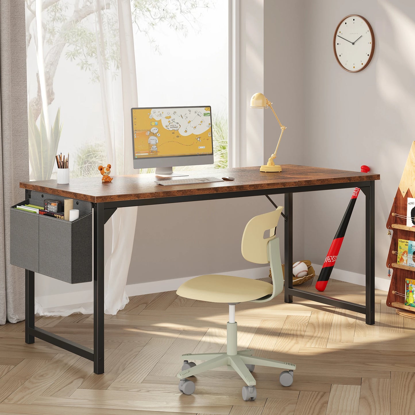 JHK Computer Desk With Wooden Top And Practical Storage Bag