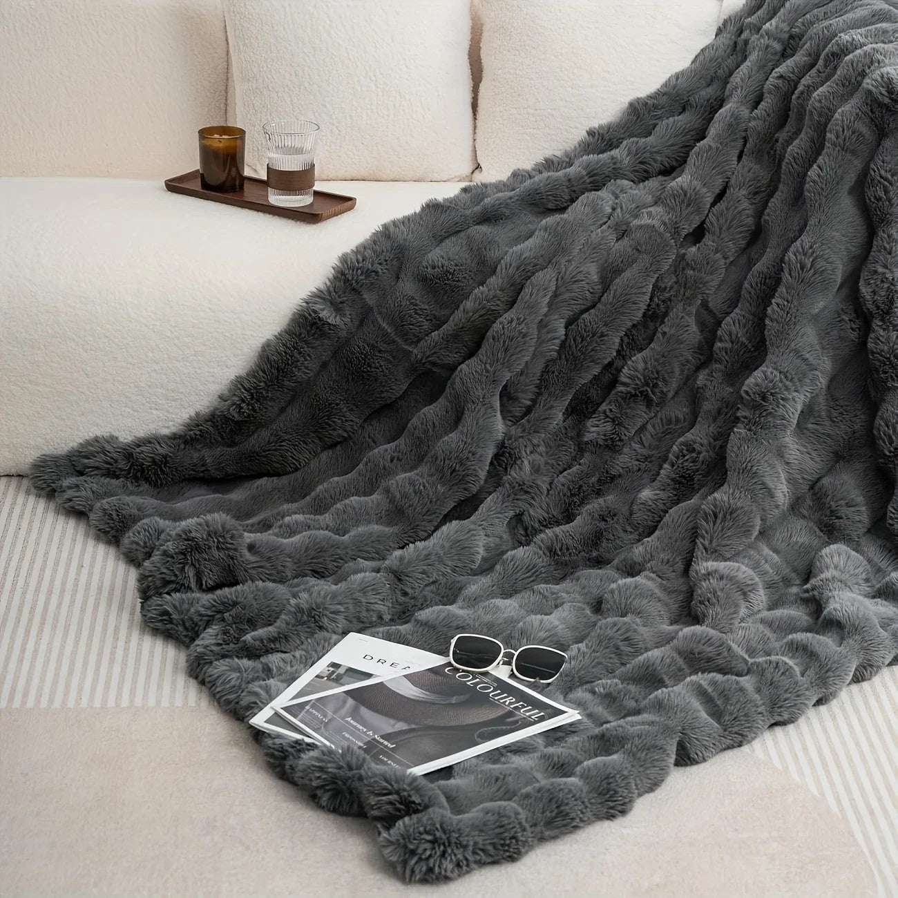 ROSEKIND Cozy Faux Rabbit Fleece Blanket Throw For Living Room