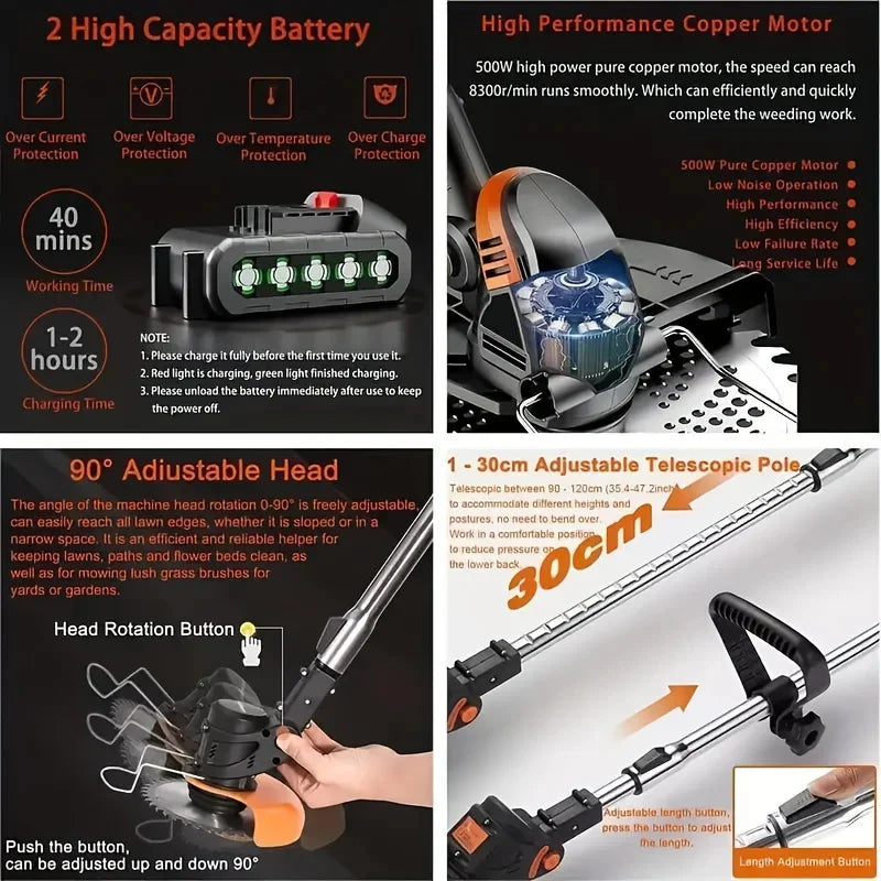 Rechargeable Cordless Weed Trimmer With Dual Lithium Batteries For Yard