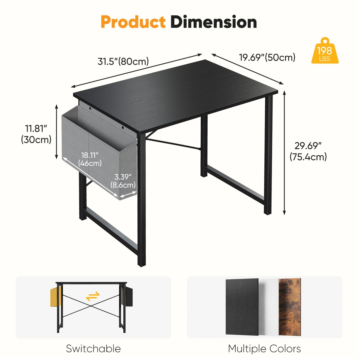 JHK Computer Desk With Wooden Top And Practical Storage Bag