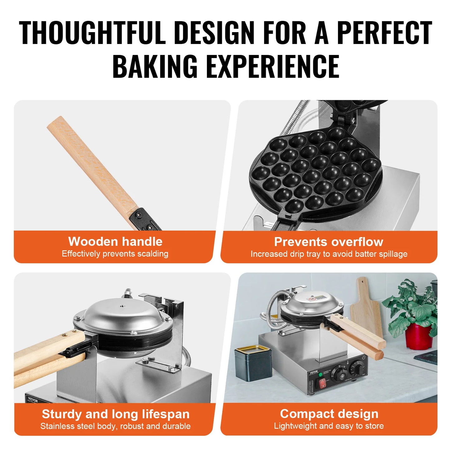 SucceBuy Commercial Egg Bubble Waffle Maker Nonstick Stainless Steel