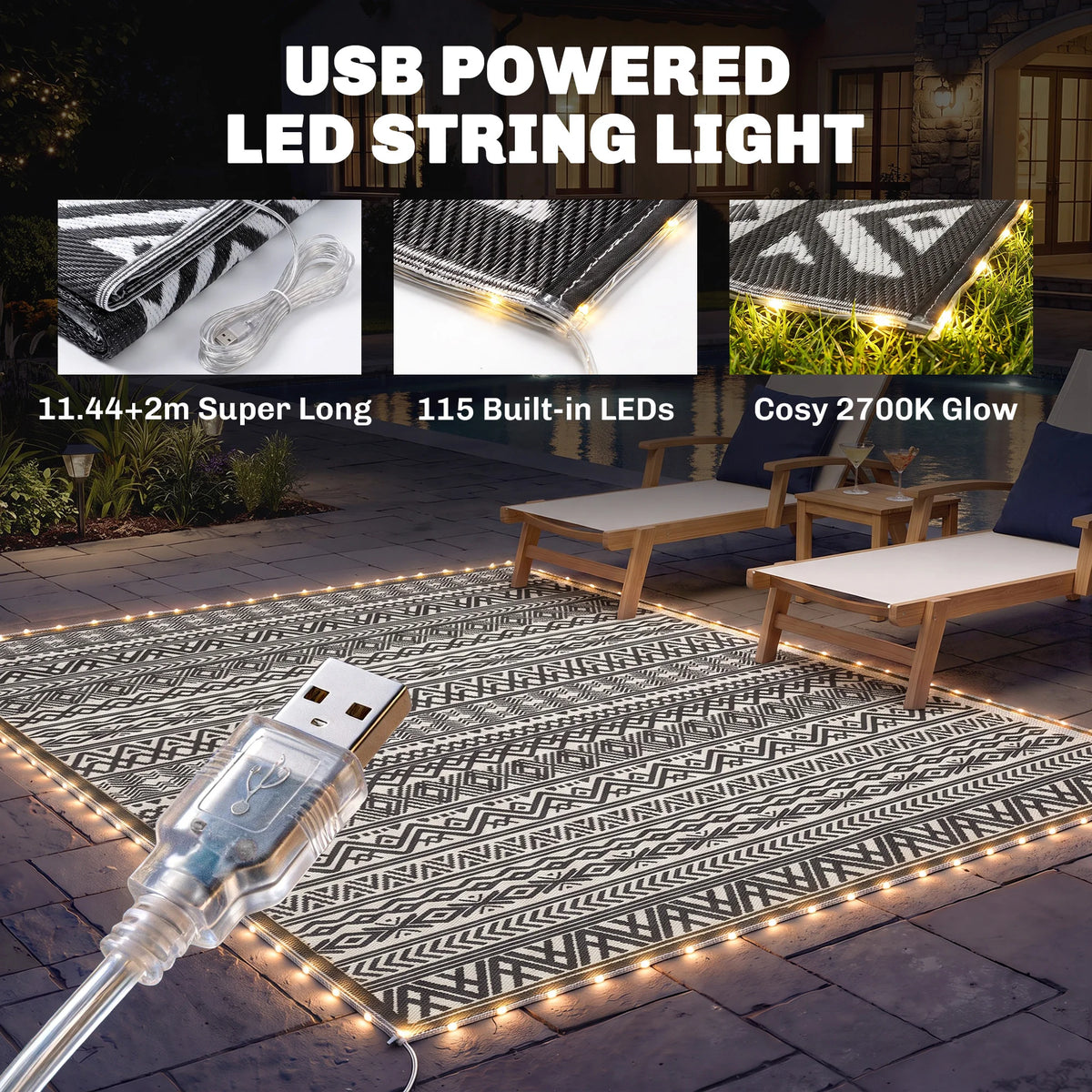 Outsunny Outdoor Geometric Rug Carpet With USB Lights