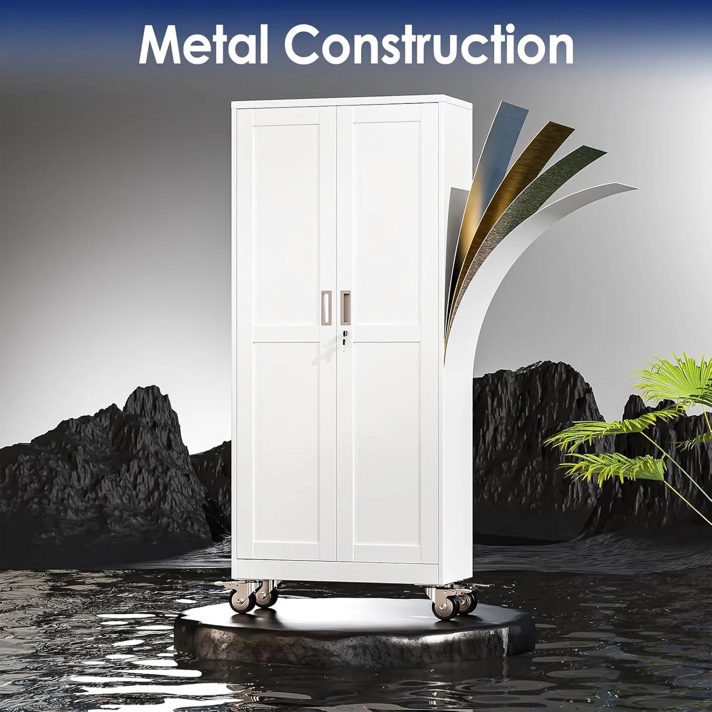 Metal Garage Storage Cabinet With 2 Doors And Wheels 5 Adjustable Shelves