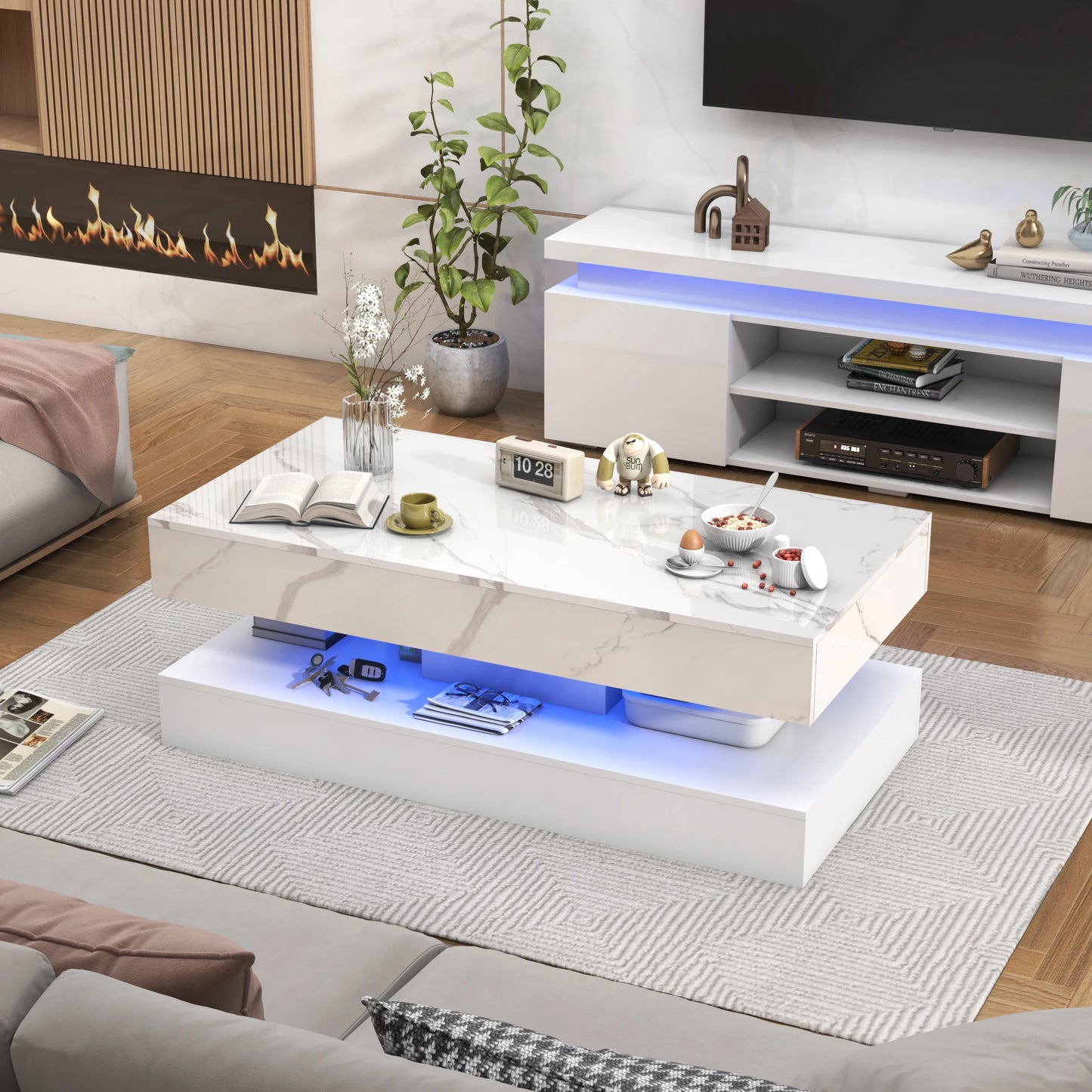QiaoShiRen Modern Double Layer Coffee Table With Storage Drawers