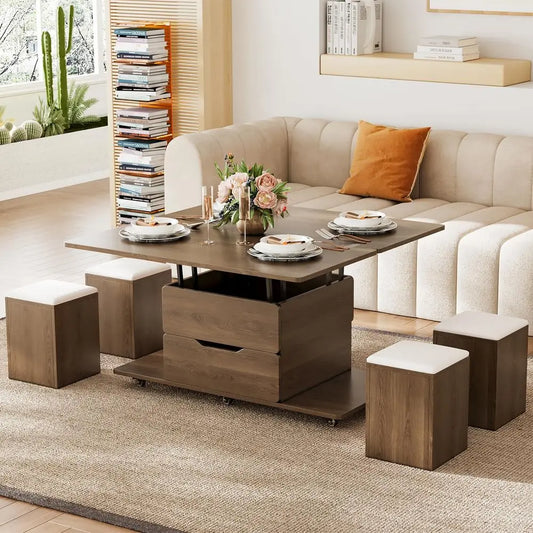 LiftTop Coffee Table With Hidden Storage And Folding Stools