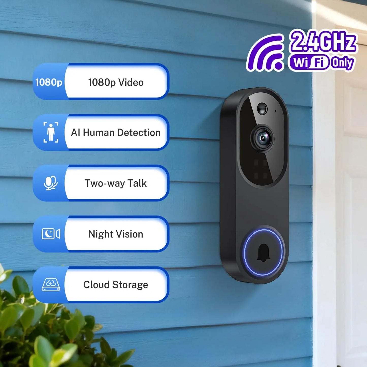 Wireless Wi-Fi Video Doorbell Camera With Two-Way Audio And AI Motion Detection