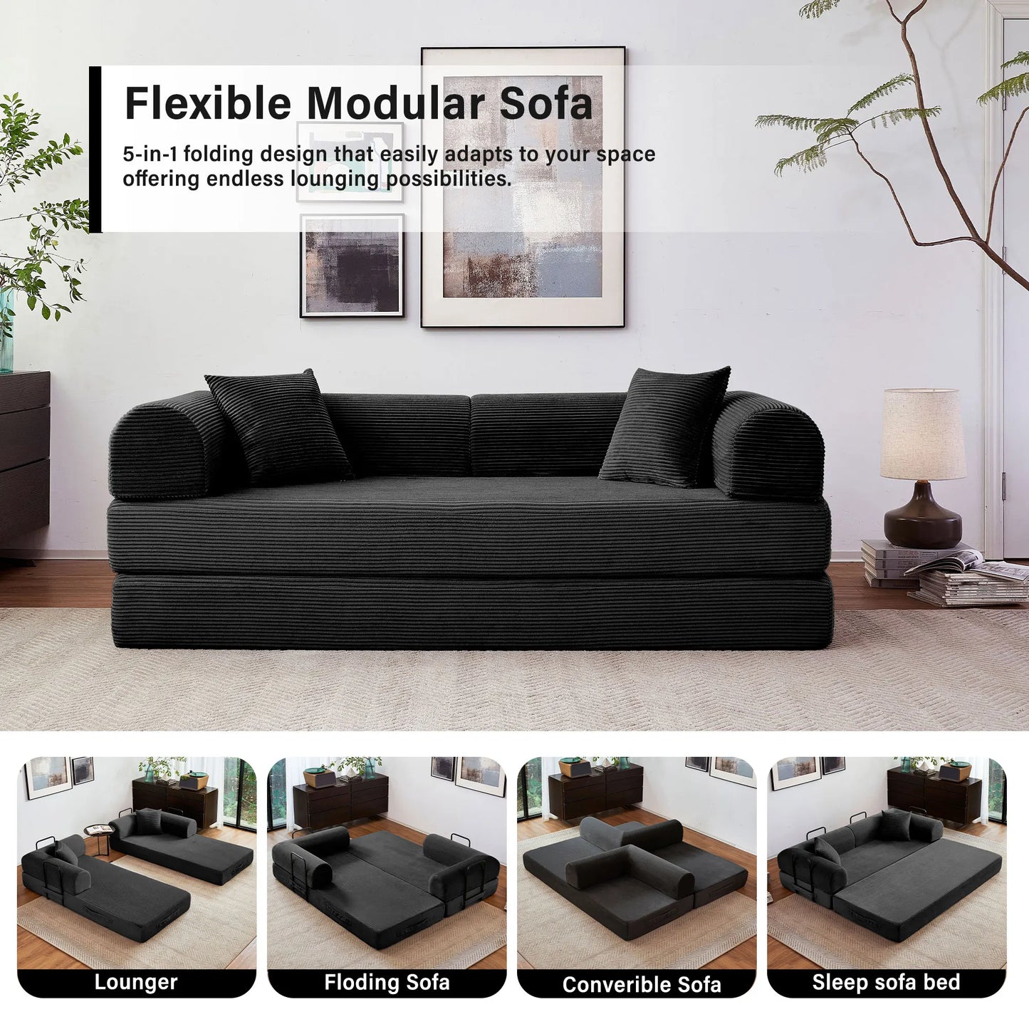 Modern Corduroy Foldable Futon Convertible Sleeper Sofa Bed