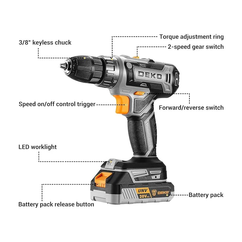 Deko 20V Cordless Drill Driver Kit With Charger Battery