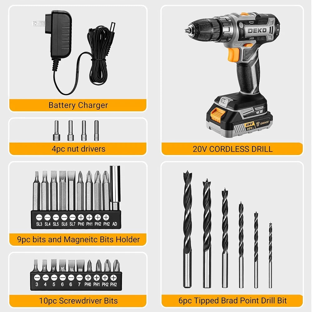 Deko 20V Cordless Drill Driver Kit With Charger Battery