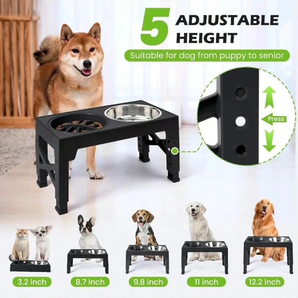 Adjustable Dog Feeder Stand with Slow Feed Bowl and Ball