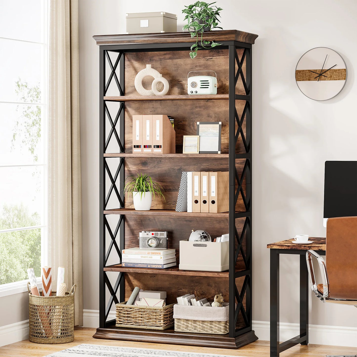 Tribesigns 5-Tier Industrial Wood Bookcase for Living Room
