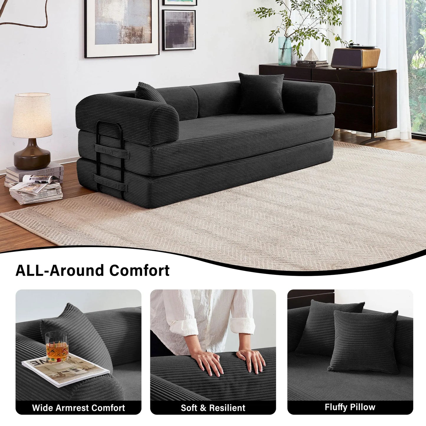 Modern Corduroy Foldable Futon Convertible Sleeper Sofa Bed