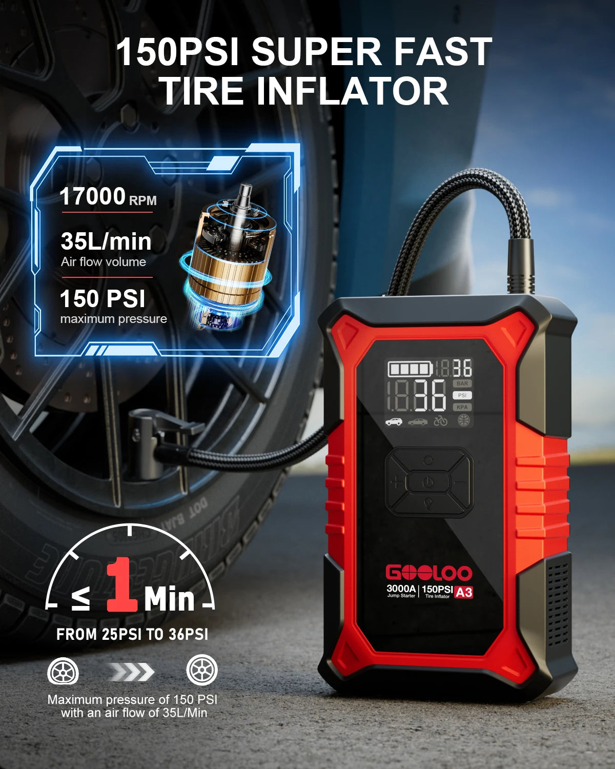 GOOLOO A3 Jump Starter With Air Compressor And 3000A Peak