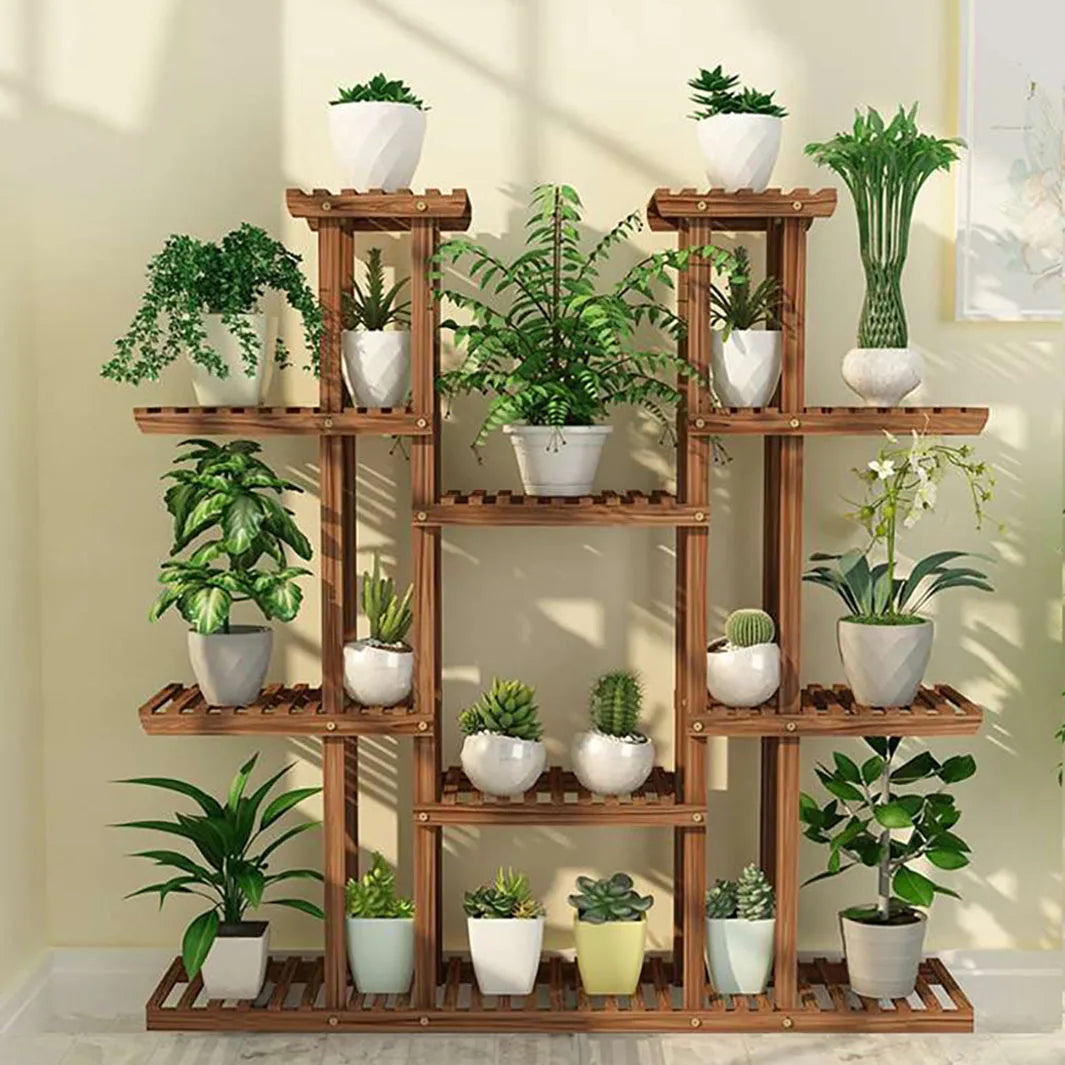 11 Tier Carbonized Wood Plant Stand For Indoor Outdoor Decor