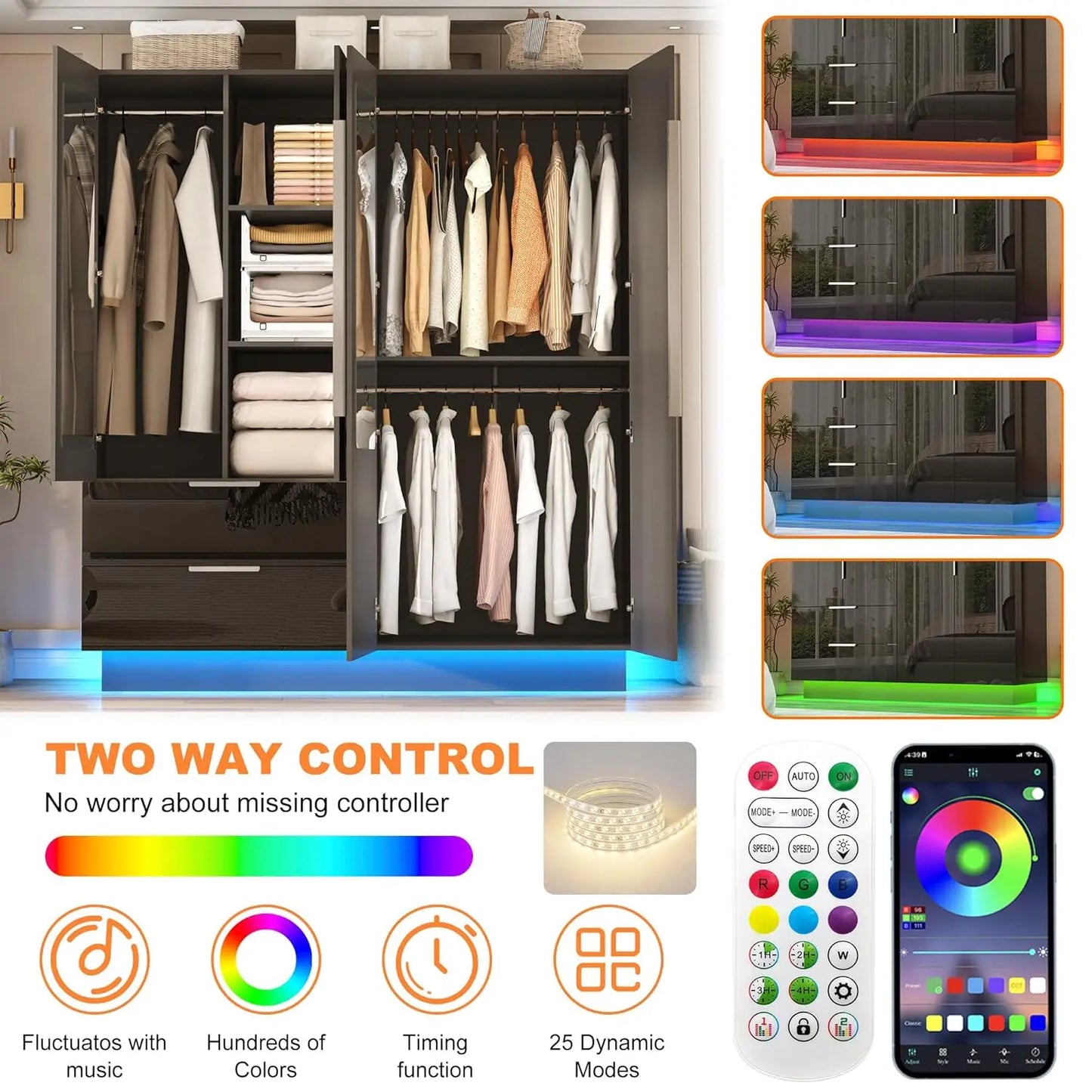 Armoire Wardrobe With Mirror Doors And LED Lights