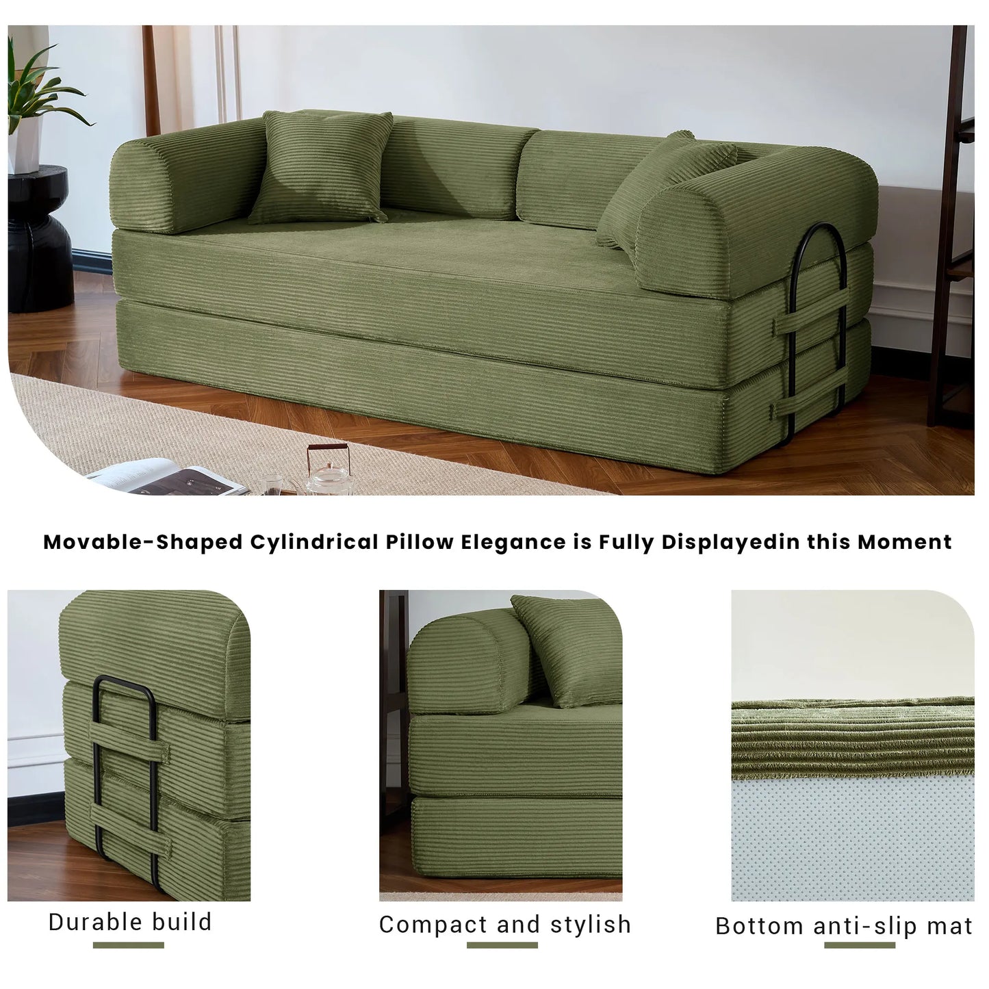 Modern Corduroy Folding Convertible Sofa Bed With Removable Cover