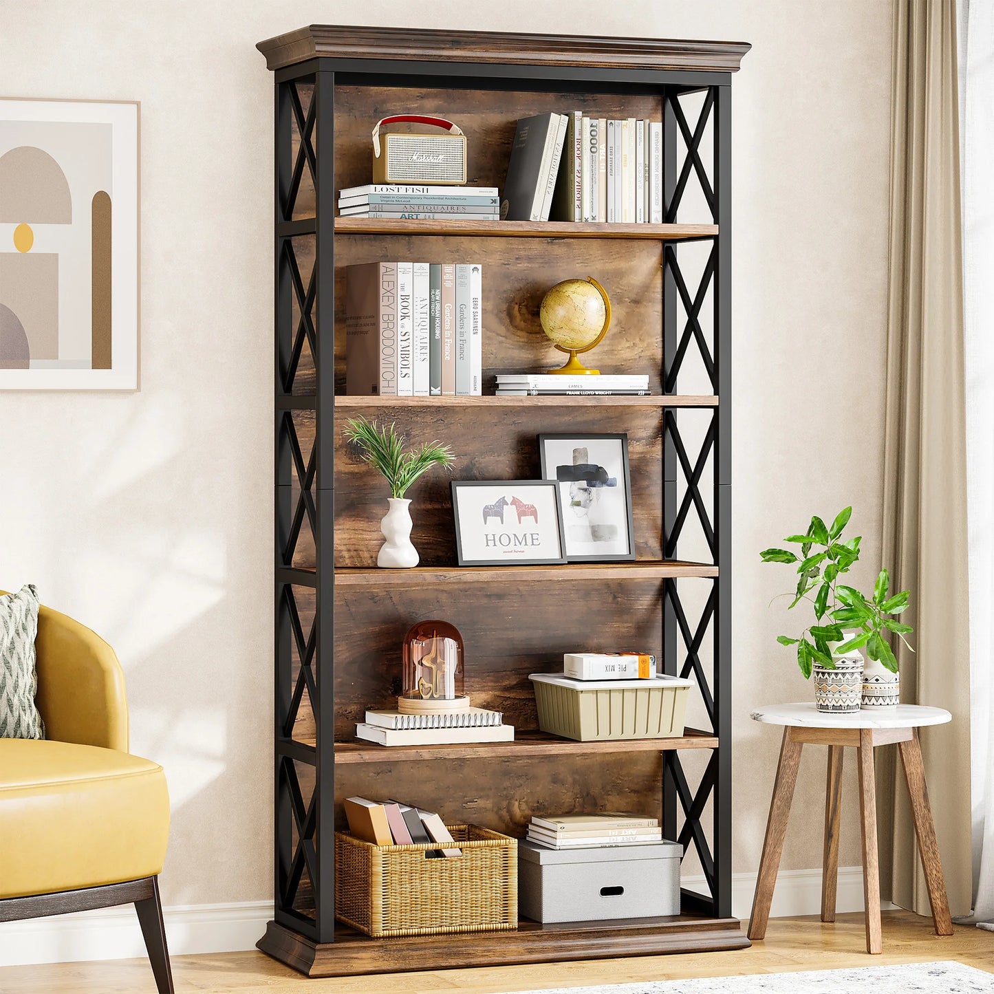 Tribesigns 5-Tier Industrial Wood Bookcase for Living Room