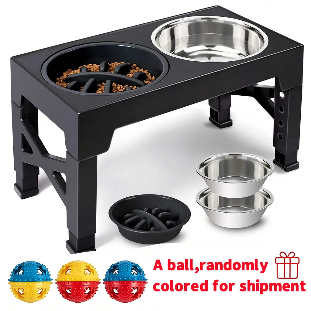 Adjustable Dog Feeder Stand with Slow Feed Bowl and Ball