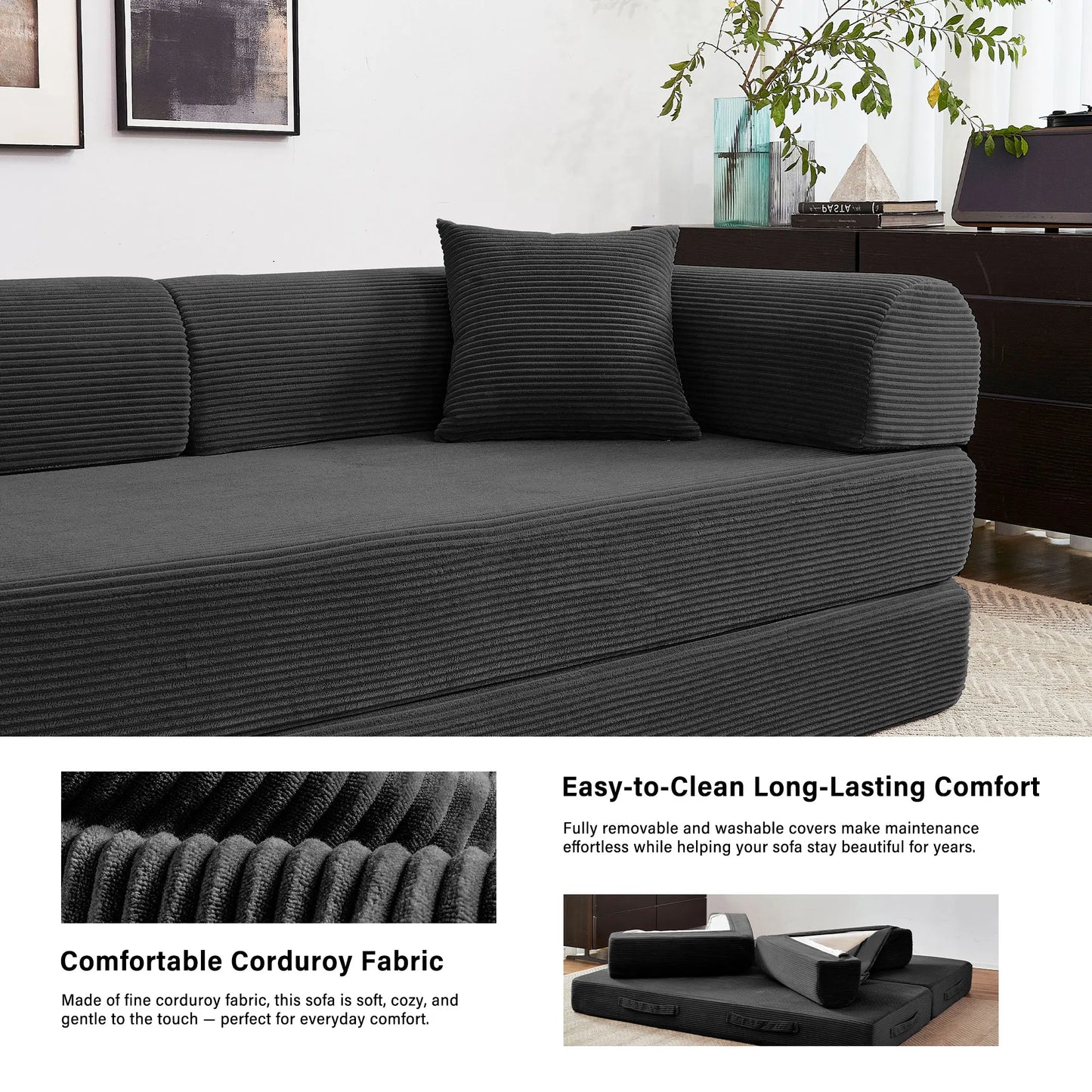 Modern Corduroy Foldable Futon Convertible Sleeper Sofa Bed