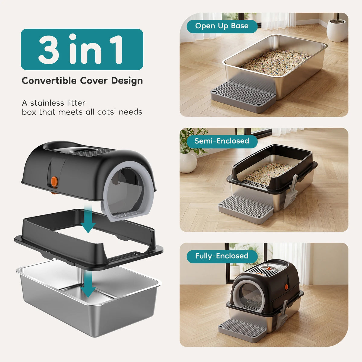 JHK Stainless Steel Enclosed Cat Litter Box With Included Scoop