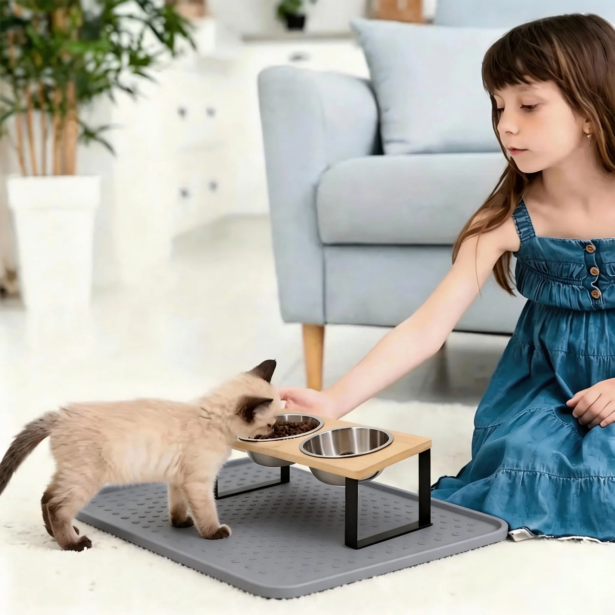 Elevated Tilted Cat Bowls With Wooden Stand And Steel Dishes
